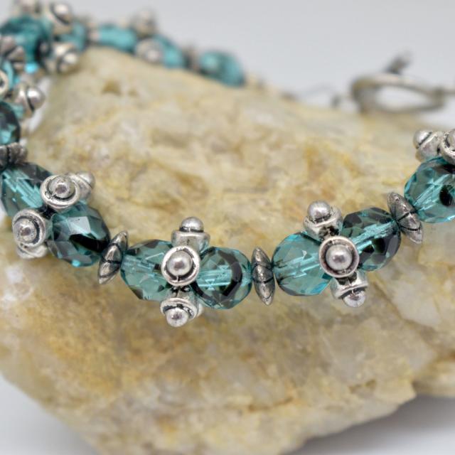 Aqua Turquoise and Black Czech Glass and Metal Bracelet